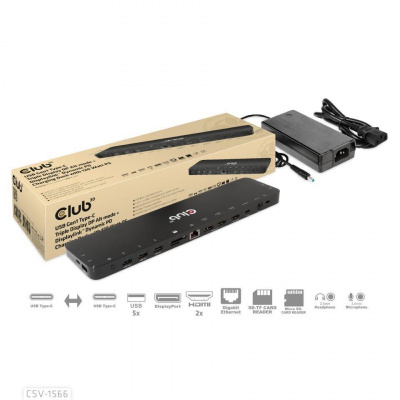 Club3D Dokovací stanice USB-C 12v1, 1xDP, 2xHDMI, 1xUSB-C, 5xUSB, 1xRJ45, 1x3.5mm, čtečka SD karet, černá