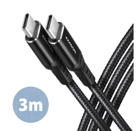 AXAGON BUCM-CM30AB, HQ kabel USB-C USB-C, 3m, USB 2.0, PD 60W 3A, ALU, oplet, černý