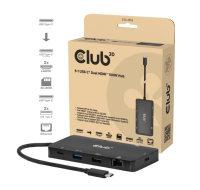 Club3D Dokovací stanice USB-C 9v1, 2xHDMI, 1xUSB-C, 1xUSB-C PD, 2xUSB, 1xRJ45, microSD/SD, černá