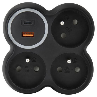Solight rozbočka, 3x 15A, USB A+C rychlonabíječka 20W PD, matná černá