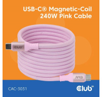 Club3D Kabel magnetický USB-C, 240W PD3.1, 480 Mbps, 2m, růžová