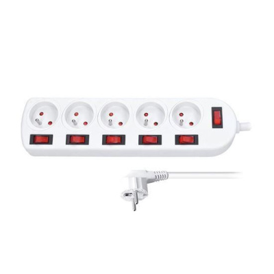 Solight prodlužovací přívod, 5 zásuvek, bílý, 6x vypínač, 2m