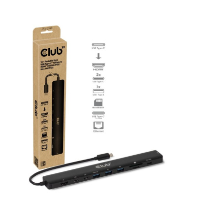 Club3D Dokovací stanice USB-C 10v1, 140W PD, 1xHDMI, 3xUSB-C, 3xUSB, 1xRJ45, černá