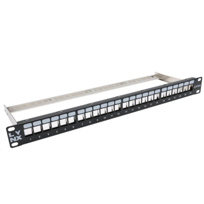 LYNX Patch panel, 19'', 24 portů, 1U, Cat5e/6/6A/7, neosazený, stíněný, vyvazovák, černý