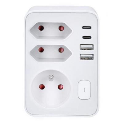 Solight rozbočka, 1x 16A + 2x 2,5A, 2xUSB A+C, bílá, vypínač
