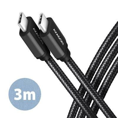 AXAGON BUCM3-CM30AB, SPEED kabel USB-C  USB-C, 3m, USB 3.2 Gen 1, PD 60W 3A, ALU, oplet, černý