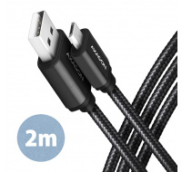 AXAGON BUMM-AM20AB, HQ kabel Micro USB USB-A, 2m, USB 2.0, 2.4A, ALU, oplet, černý