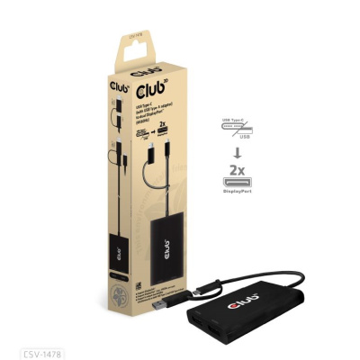 Club3D Video rozbočovač USB-C (USB-A adaptér) na 2xDP 4K60Hz Video splitter