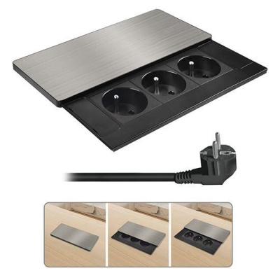 Solight vestavný blok zásuvek s posuvným krytem, 3 zásuvky, 2m, stříbrný