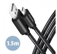 AXAGON BUMM-AM15AB, HQ kabel Micro USB USB-A, 1.5m, USB 2.0, 2.4A, ALU, oplet, černý