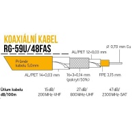 Koaxiální kabel RG-59U/48FAS 5 mm, trojité stínění, impedance 75 Ohm, PVC, bílý, cívka 305m
