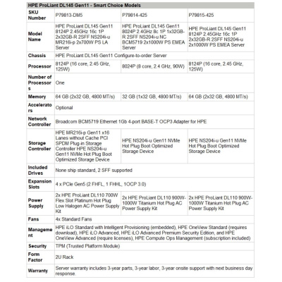 HPE PL DL145g11 AMD 8024P (2.4/8C) 1x32G 2SFF NS204i-u 2x1000W 4p1Gb Smart Choice
