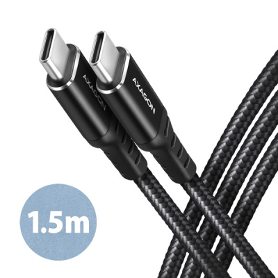 AXAGON BUCM-CM15AB, HQ kabel USB-C  USB-C, 1.5m, USB 2.0, PD 60W 3A, ALU, oplet, černý