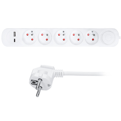 Solight prodlužovací přívod 5 zásuvek, USB A+C nabíječka 12W, 3m, 3 x 1mm2, bílý, vypínač