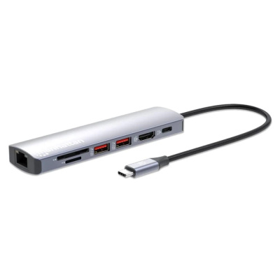 MANHATTAN Dokovací stanice USB-C 7v1, 1xHDMI, 1xUSB-C, 2xUSB, 1xRJ45, čtečka SD karet, šedá