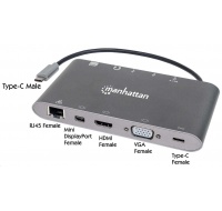 MANHATTAN Dokovací stanice USB-C 7v1, 1xHDMI, 1xVGA, 1xUSB-C,3xUSB, 1xRJ45, 1x3.5mm, šedá