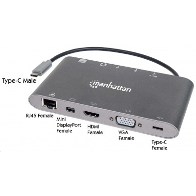 MANHATTAN Dokovací stanice USB-C 7v1, 1xHDMI, 1xVGA, 1xUSB-C,3xUSB, 1xRJ45, 1x3.5mm, šedá