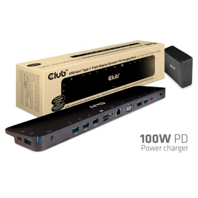 Club3D Dokovací stanice USB-C 14v1, 1xDP, 1xHDMI, 1xVGA, 2xUSB-C, 5xUSB, čtečka SD karet, 1xRJ45, černá