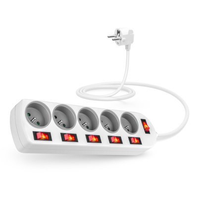 CONNECT IT prodlužovací kabel 230V, 5 zásuvek, 2m, s vypínači, bílá