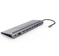 PREMIUMCORD Dokovací stanice USB-C 8v1, 1xDP, 1xHDMI, 1xVGA, 1xUSB-C, 3xUSB, 1xRJ45, šedá