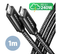 AXAGON BUCM2-CM10AB, CHARGE kabel USB-C USB-C, 1m, Hi-Speed USB, PD 240W 5A, ALU, oplet, černý