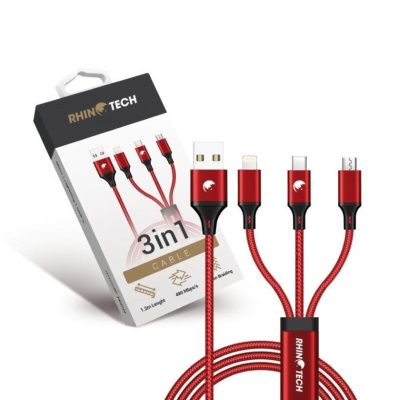 RhinoTech nabíjecí a datový kabel 3v1 USB-A (MicroUSB + Lightning + USB-C) 1,2m červená