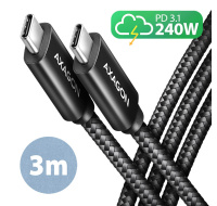AXAGON BUCM2-CM30AB, CHARGE kabel USB-C USB-C, 3m, Hi-Speed USB, PD 240W 5A, ALU, oplet, černý