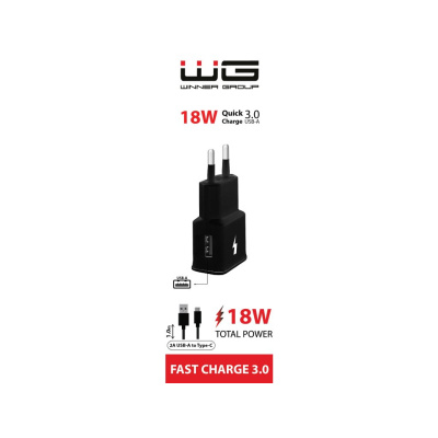 WG - Síťová nabíječka 1x USB-A, Quick Charge 3.0, 5V-9V-12V, + kabel USB-A na Type-C, černá