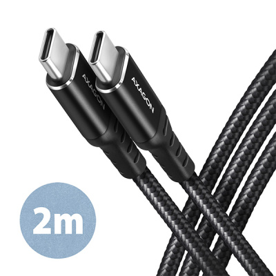 AXAGON BUCM-CM20AB, HQ kabel USB-C USB-C, 2m, USB 2.0, PD 60W 3A, ALU, oplet, černý